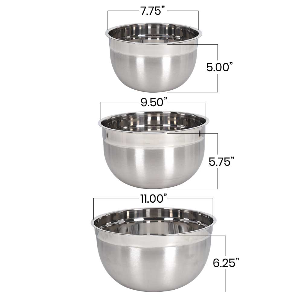 3 Pc Large Stainless Steel Bowl Set - 3, 5 & 8 Qt